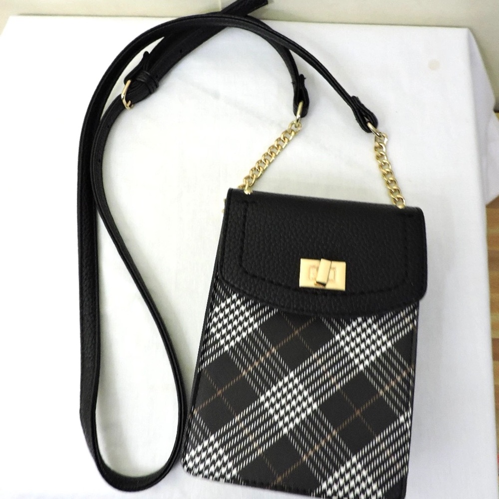 Cato Black Plaid Crossbody Phone Bag with Gold Hardware